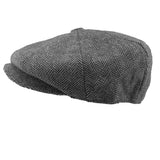 Charltons of Northumberland Hats Plus Caps Peaky Blinders Hat Newsboy Flat Cap Herringbone Tweed Wool Baker Boy Gatsby Grey Herringbone Side
