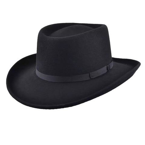 Hats Plus Caps Gambler 100% Wool Cowboy Hat Black Plain Belt - Hats and Caps