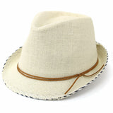 Linen Summer Trilby Cotton Sun Hat Vintage VTG Distressed Hessian Style Fedora Cream Front Side