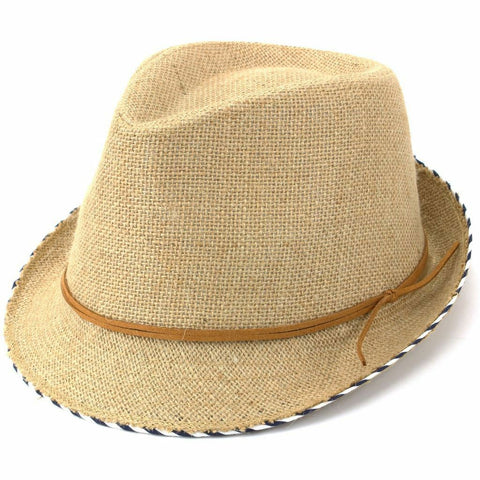 Linen Summer Trilby Cotton Sun Hat Vintage VTG Distressed Hessian Style Fedora Beige Front Side