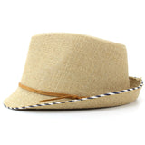 Linen Summer Trilby Cotton Sun Hat Vintage VTG Distressed Hessian Style Fedora Beige Side