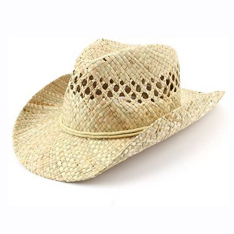Hats Plus Caps Straw Cowboy Sun Hat Summer Fedora 100% Natural Straw Mens Ladies Chinstrap Front Side
