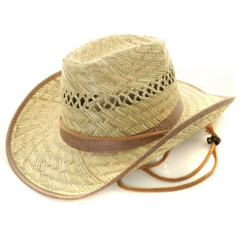 Hats Plus Caps Straw Cowboy Hat Shapeable Brim Sun Fedora Bush Hat Breathable Chin Strap Brown tan trim
