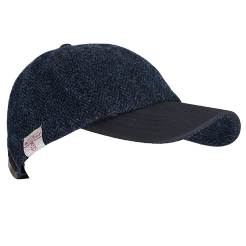 Genuine Harris Tweed 100% Wool Baseball Cap Leather Peaked Hat Walker and Hawkes Midnight Blue